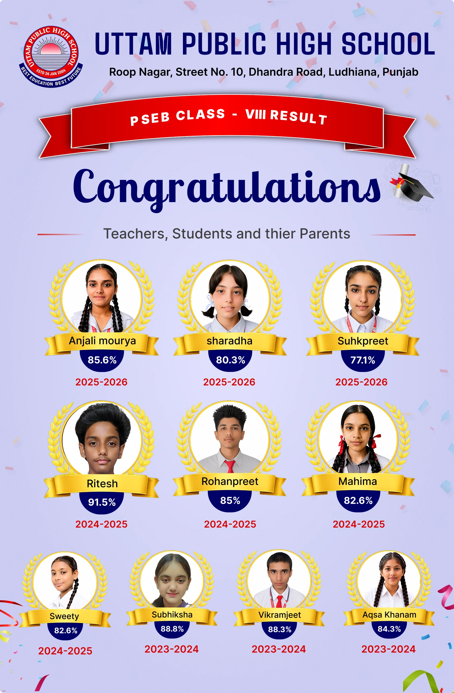 PSEB Class VIII result 2024-2025 toppers at Uttam Public School, Ludhiana